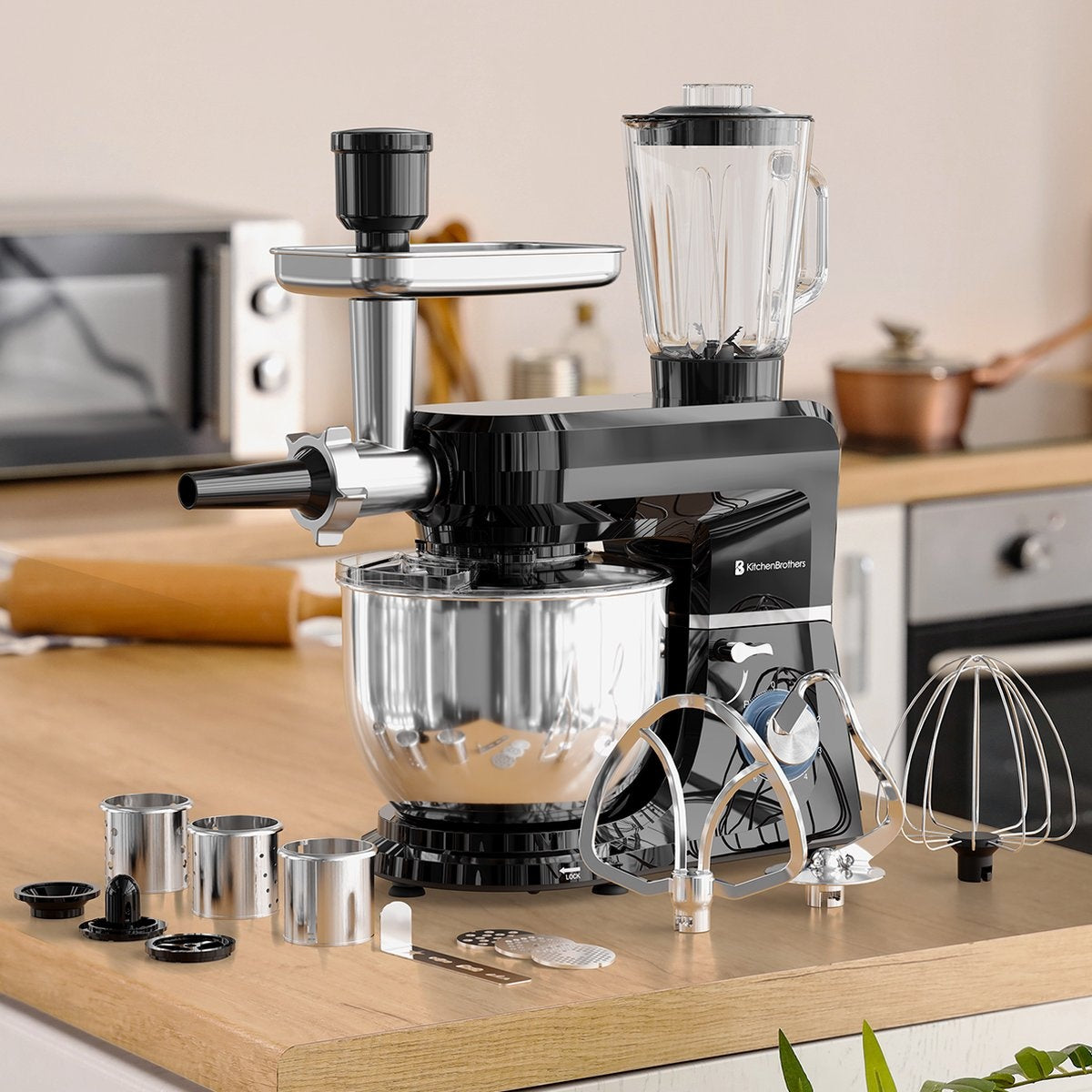 Robot de cuisine KitchenBrothers - Set complet - 15 accessoires - 6L - 1500W - Noir