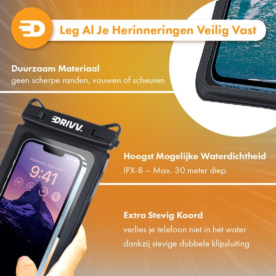 Drivv. Étui étanche pour téléphone 2 en 1 avec cordon - Universel jusqu'à 6,7 pouces - Étui étanche pour téléphone - Noir