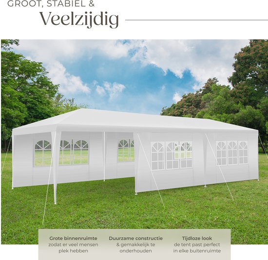 tectake® Pavillon Miramas - Tente de réception 9x3 m - Blanc - 8 panneaux latéraux amovibles - Pavillon de jardin résistant aux UV et à l'eau - Lignes de tension et piquets inclus - Auvent
