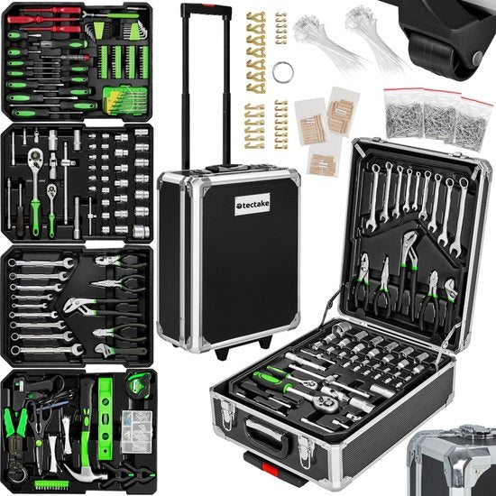 tectake® tool case, tool set, tool case filled 1200-piece, tool trolley, 4-level tool box, aluminium case with wheels and telescopic handle - black