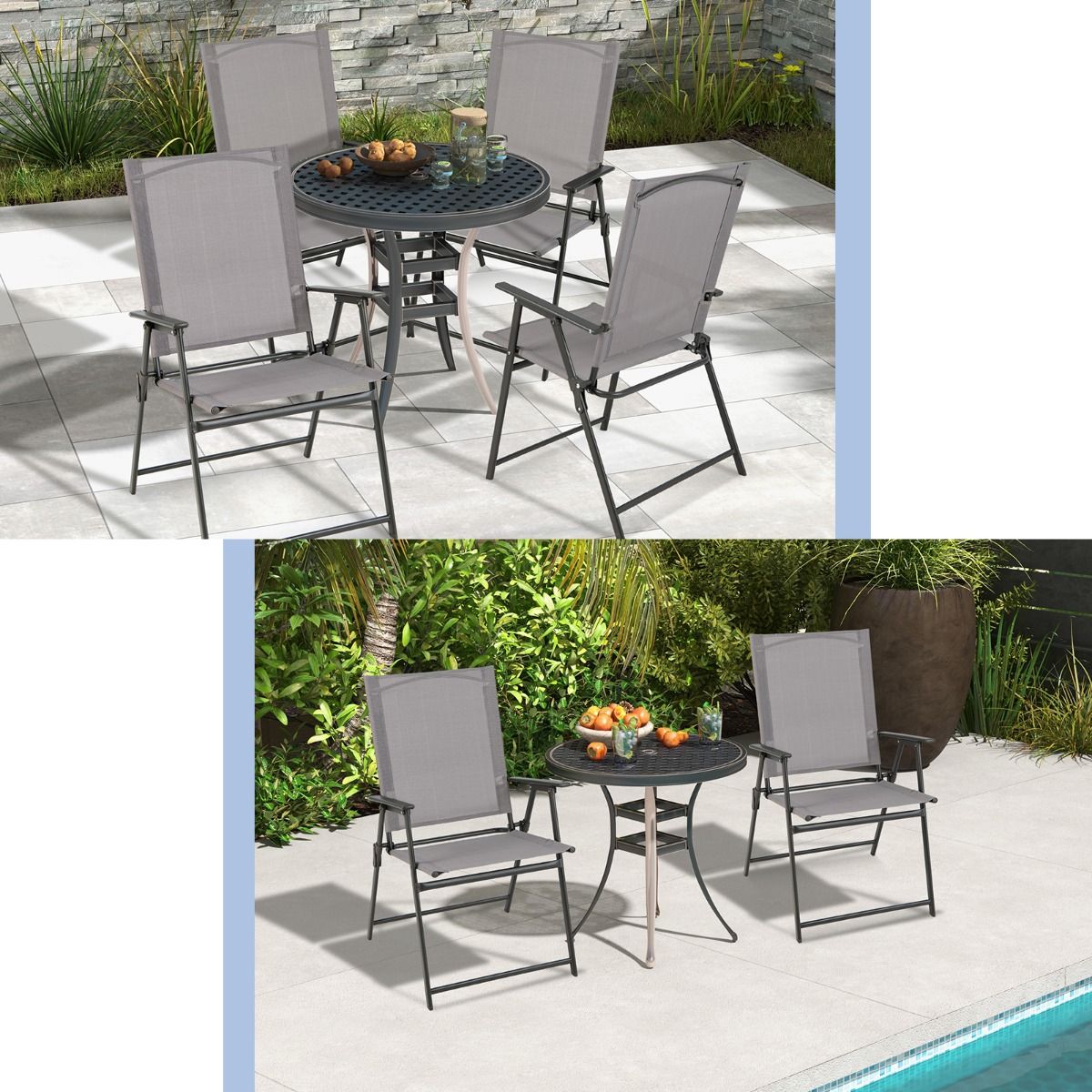 Lot de 4 chaises de jardin pliantes Coast - dossier haut - ergonomiques - grises