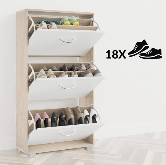 Armoire à chaussures - 3 volets - 115x60x24cm - 18 paires de chaussures - Chêne/Blanc