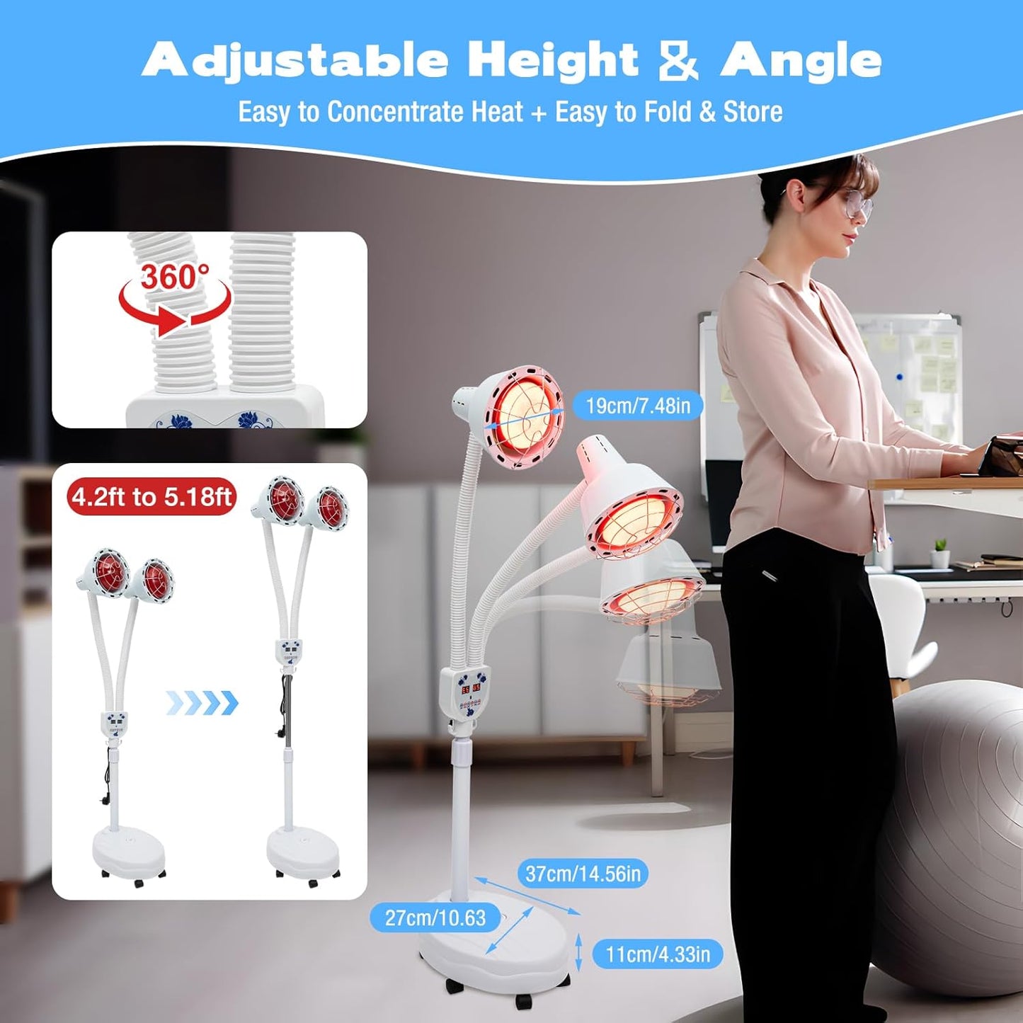 Lampe chauffante infrarouge double Xigner 275 W - Pied réglable de 128 à 158 cm - Double tête pivotante à 360° - Lampe chauffante rouge pour la relaxation musculaire et la circulation sanguine
