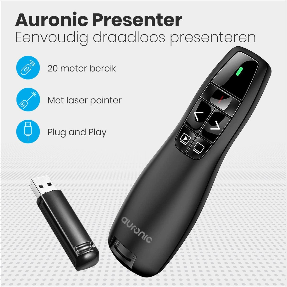 Auronic Presenter - Sans fil - Pointeur laser - Clicker de présentation - 20 mètres - avec étui - noir