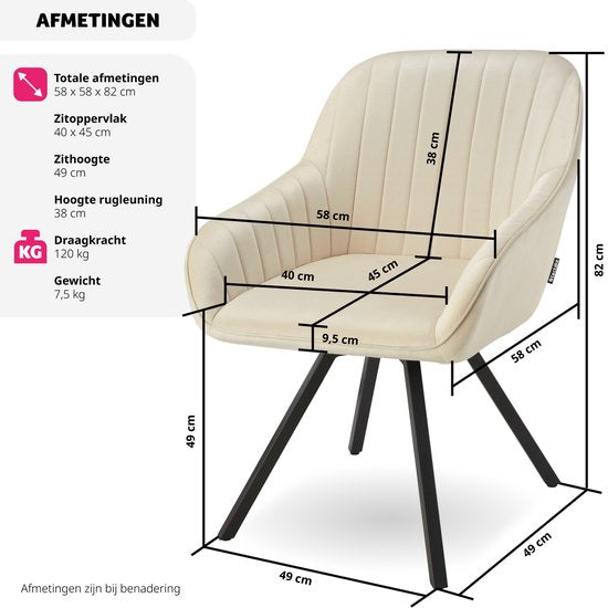 tectake - Chaise de salle à manger pivotante avec accoudoirs - Revêtement en velours - Rembourrée - Crème
