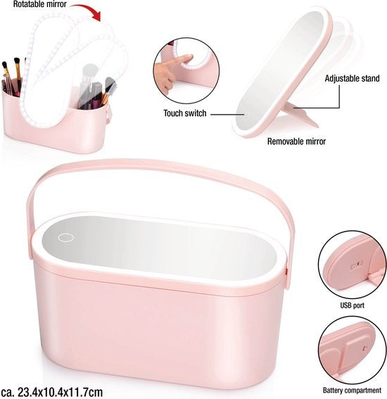 Touch Of Beauty Make Up Organiser avec miroir LED - Travel Beautycase - 24.1 x 10.4 x 11.7CM - Lumière LED ajustable - Câble de chargement USB inclus - Plastique - Rose