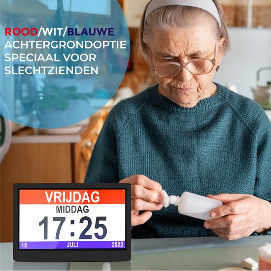 TTD® Dementia Clock XXL 10 pouces avec câble extra long - Horloge calendrier avec jour, date et météo - Affichages analogique et numérique - 20 alarmes et 3 alarmes médicales - Wi-Fi - Pour les personnes âgées, les malvoyants, les seniors et les personnes