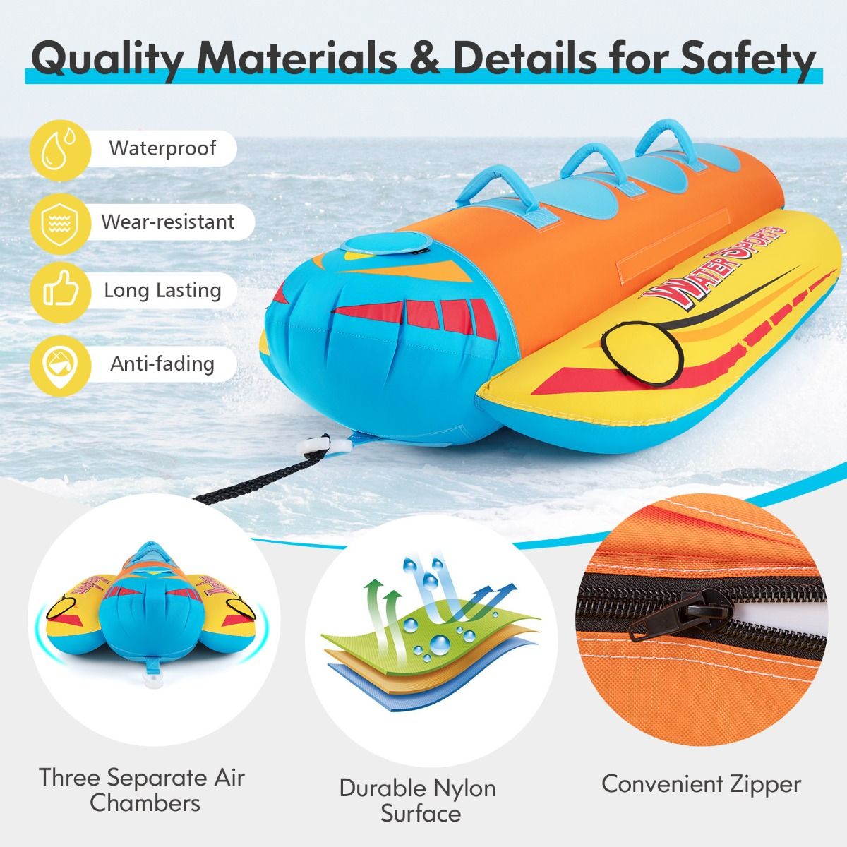 Bateau banane gonflable Coast pour 3 personnes - Orange/Jaune - 252 x 108 x 51 cm