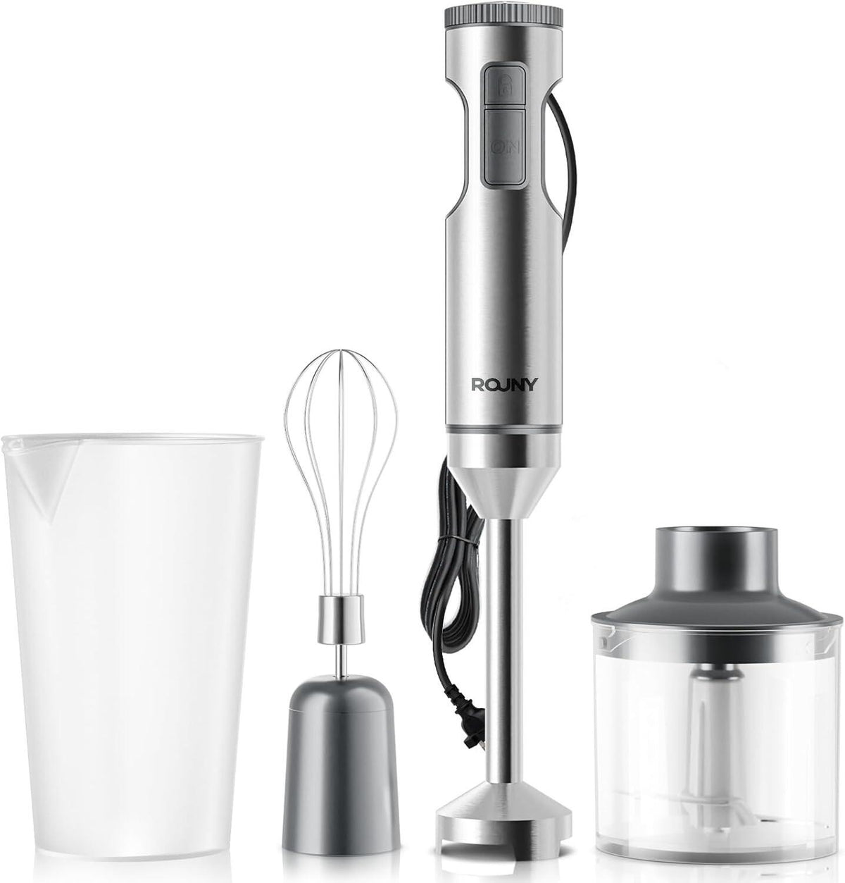 Mixeur plongeant Rouny 4-en-1 PHB8001 - 1 200 W - Avec verre doseur de 700 ml, fouet et hachoir de 500 ml - Acier inoxydable - Verrou de sécurité