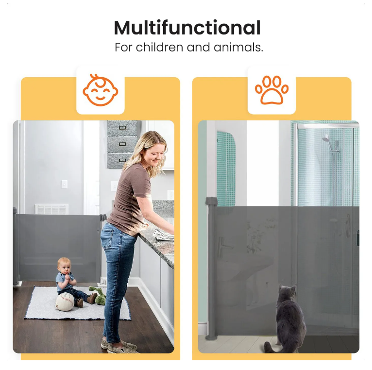 Barrière de sécurité enroulable - Goliving – Barrière pour enfants – Système Push & Turn – Largeur 10 à 150 cm – Cadre en aluminium – Maille grise