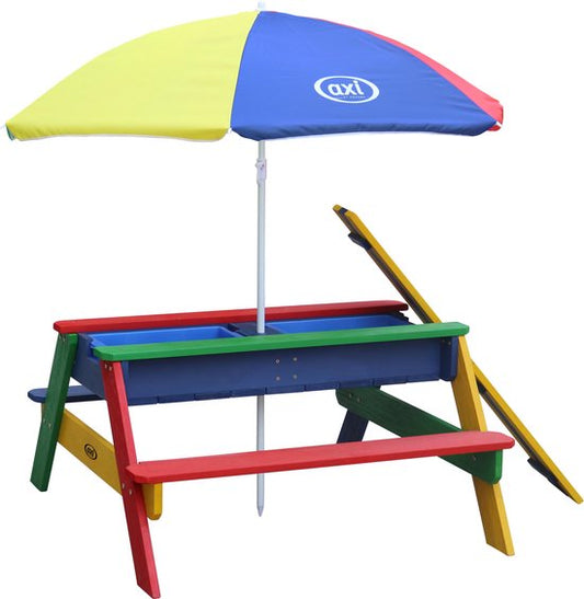 Table de pique-nique AXI Nick Zand & Water aux couleurs de l'arc-en-ciel - Parasol réglable - Bois certifié FSC - Table de pique-nique en bois pour enfants