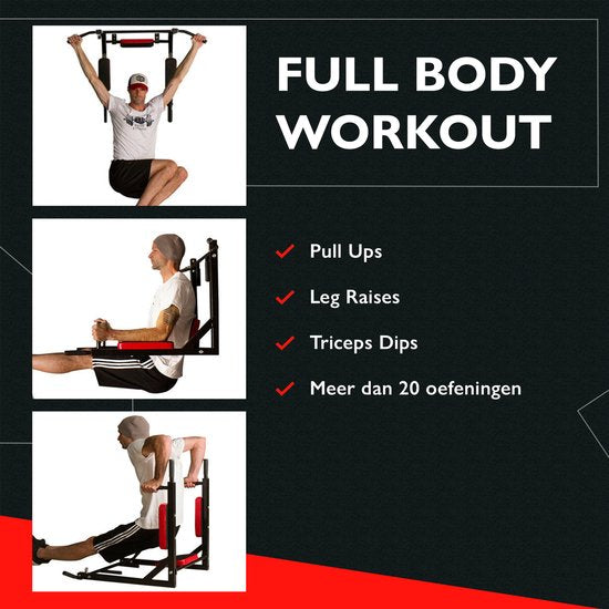 Zoluko Professional Dip & Pull Up Bar Wall Mount - Capacité de charge de 200kg - Dip Station - Including E-book - Easy Mounting - 2 in 1 Pull Up Station and Dip Station for Home Sports - Pull Up Bar Fitness - Dip Bars - Chin Up Bar - Black/Red