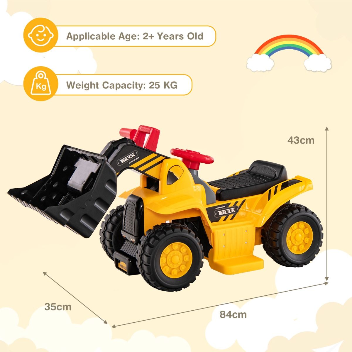 Coast Toy Excavator Électrique - Max. 25 kg - 84 x 35 x 43 cm - Jaune