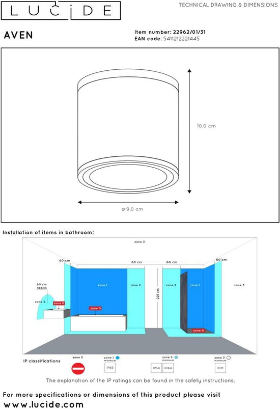 Lucide AVEN - Spot de plafond (lampe de plafond) pour salle de bains - Ø 9 cm - 1xGU10 - IP65 - Blanc