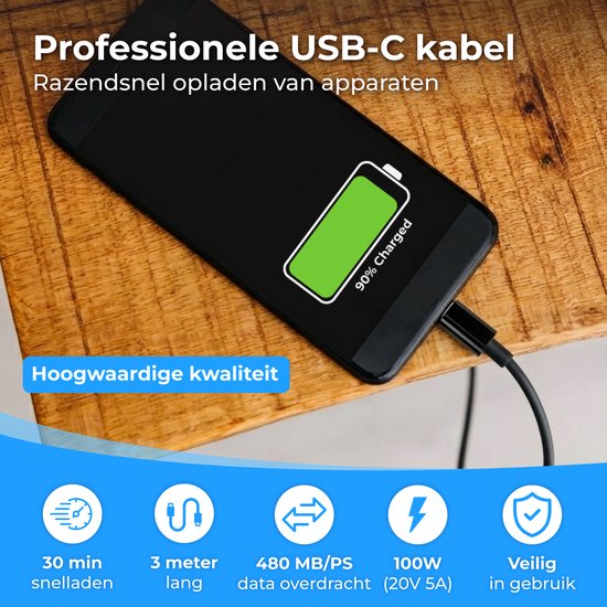 Câble USB-C Nuvance - 100 W - USB-C vers USB-C - 3 mètres - Câbles USB-C - Chargeur rapide - Transfert de données à 480 Mb/ps - Chargeur USB-C - Noir