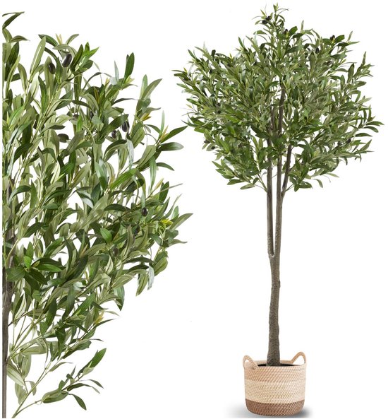 tectake® Olivier artificiel Oleand - Plante artificielle méditerranéenne avec feuilles et olives réalistes - Peu d'entretien et polyvalent - Pot de fleurs robuste inclus - Hauteur : 150 cm