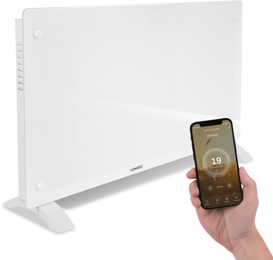 VONROC Chauffage électrique de luxe - Convecteur avec panneau en verre - 1250W/2500W- Chauffe les pièces jusqu'à 30m2 - Contrôlé par l'application (via Wifi) et manuellement - Thermostat et minuterie réglables - Blanc