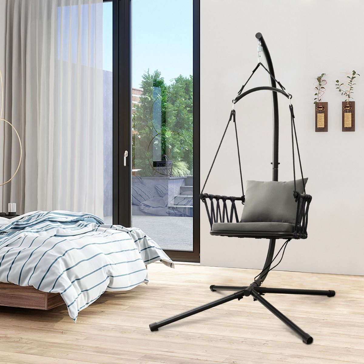 Fauteuil suspendu Coast avec support - Dossier tressé - Coussins d'assise et de dossier inclus - Gris