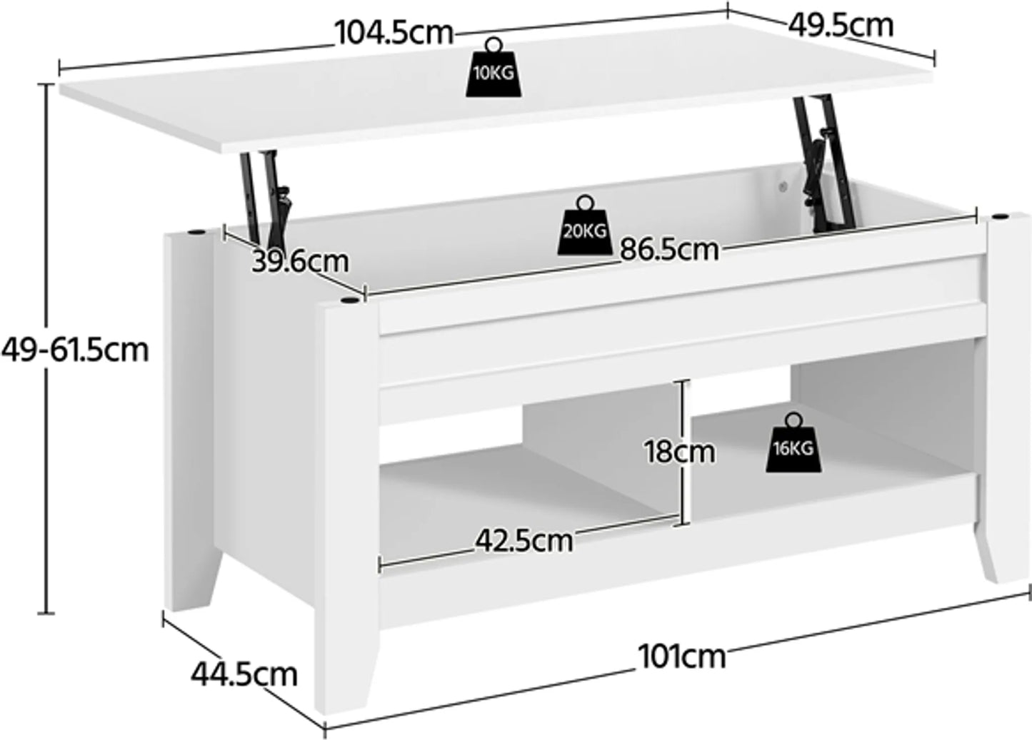 Yaheetech Table basse à plateau relevable - avec rangement caché et deux étagères ouvertes et mécanisme à ressort - pour salon et petits espaces - Mdf blanc et métal - 104.5 x 49.5 x 49-61.5 cm