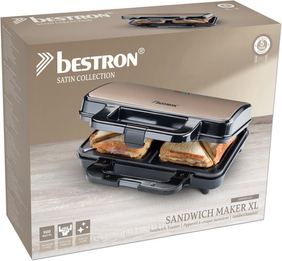 Appareil à croque-monsieur Bestron - ASM90XLSAT - 900 W - Pour 2 croque-monsieur - Revêtement antiadhésif - Blanc/Gris - Garantie de 5 ans