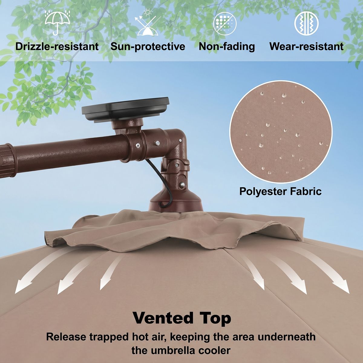 Parasol suspendu Coast à énergie solaire - 40 LED - orientable et inclinable - marron - 300 x 300 x 250 cm