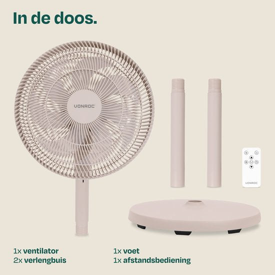 Ventilateur de sol VONROC - 3 vitesses – télécommande incluse - minuterie - réglable sur 3 hauteurs - beige