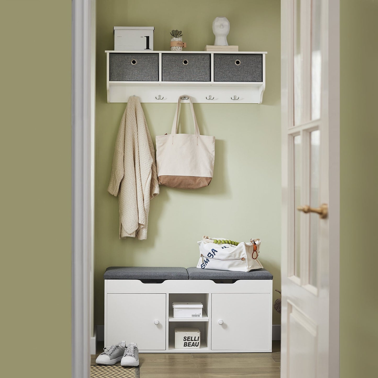 Banc SoBuy, Banc à chaussures avec 2 armoires, 100 x 34 x 48 cm, Blanc/ Gris