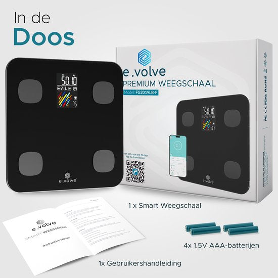 e.volve Scale Personal Scale Digital - 16 mesures - Smart Scale with Body Analysis - Precision Scales - Scales - Digital Scales - Incl. App.