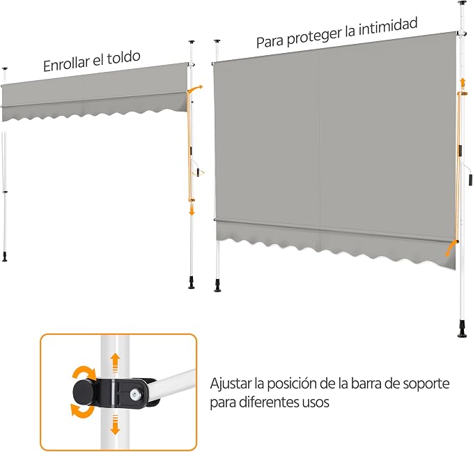 Store extensible Yaheetech 300 cm - Gris clair - Store réglable sans perçage pour balcon et terrasse