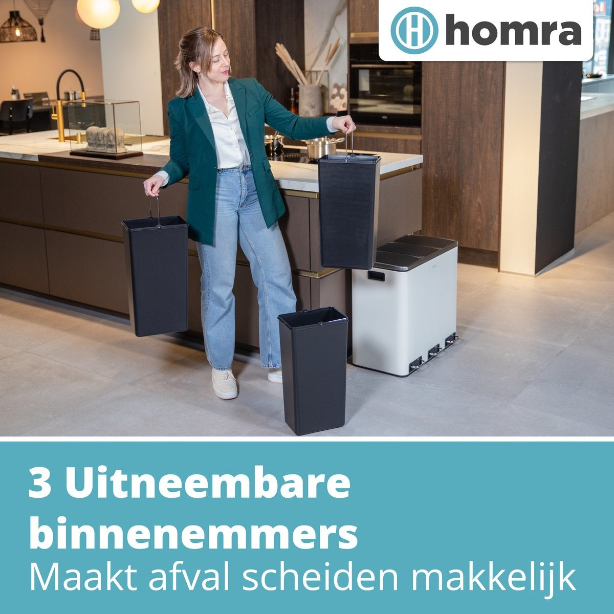 Poubelle de tri sélectif - Homra SPARQ - 3 x 18 L de capacité - 54 L - Blanc - acier inoxydable