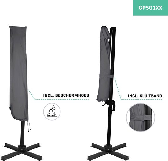 VONROC Premium Floating Parasol Bardolino Ø300cm - Base transversale et housse de protection incluses - Parasol rond - Orientable sur 360° - Inclinable - Toile résistante aux UV - Gris