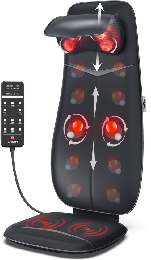 Coussin de massage shiatsu RENPHO - Massage complet du dos et de la nuque - Avec chaleur et vibrations - Zones et intensité réglables - Reconnaissance automatique de la hauteur - Convient à toute chaise - Idéal pour la maison ou le bureau