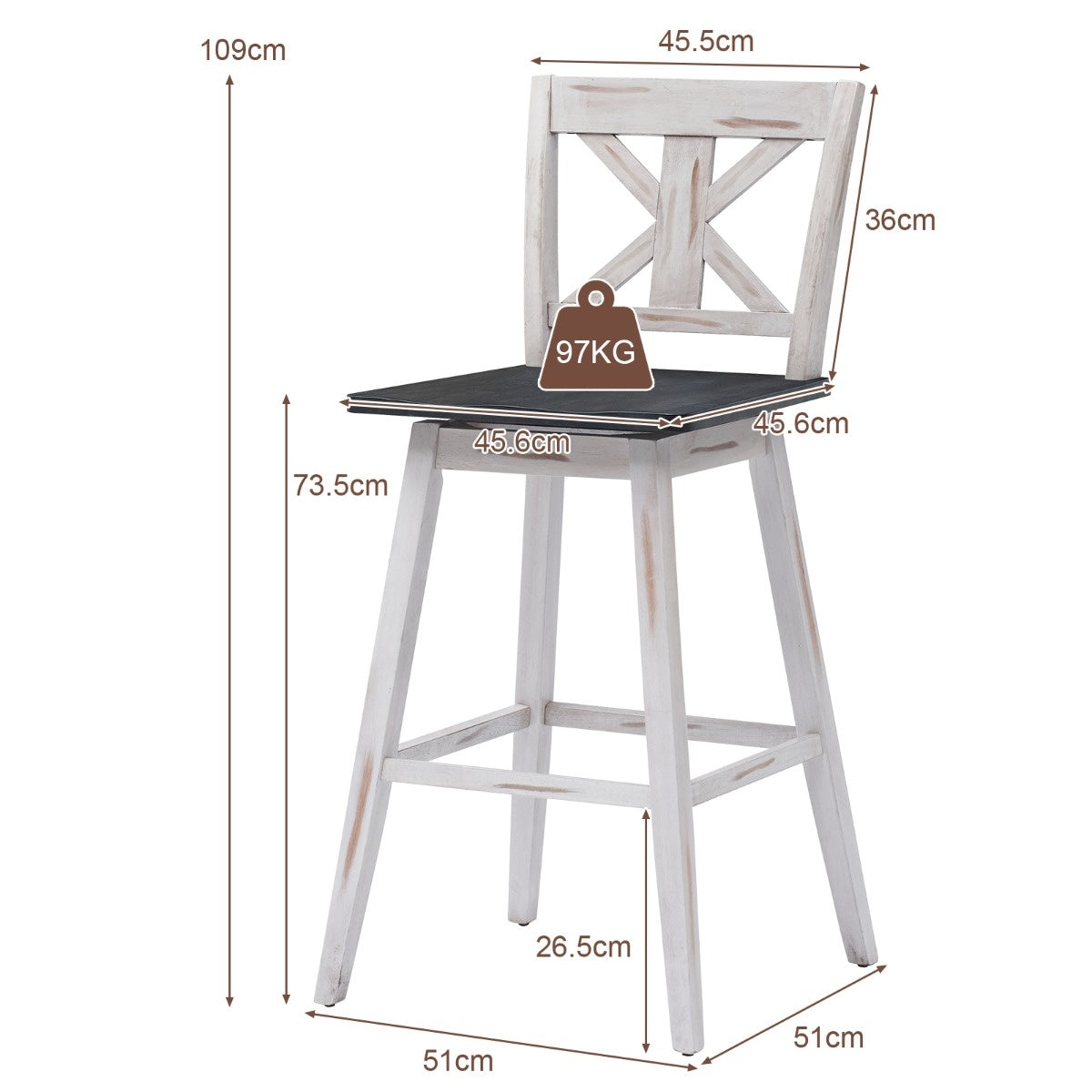 Coast Bar Stool 2 Set Vintage Bar -chairs with 360° rotating seat and non-slip coating 73,5 cm white