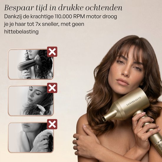 Sèche-cheveux Sansbeauté® avec diffuseur - Boucles - 110 000 tr/min - Sèche-cheveux ionique avec brosse - 3 vitesses - 3 embouts - Sèche-cheveux de voyage - Sèche-cheveux - Kit pour boucles - Sèche-cheveux avec diffuseur - Sèche-cheveux professionnel - 2