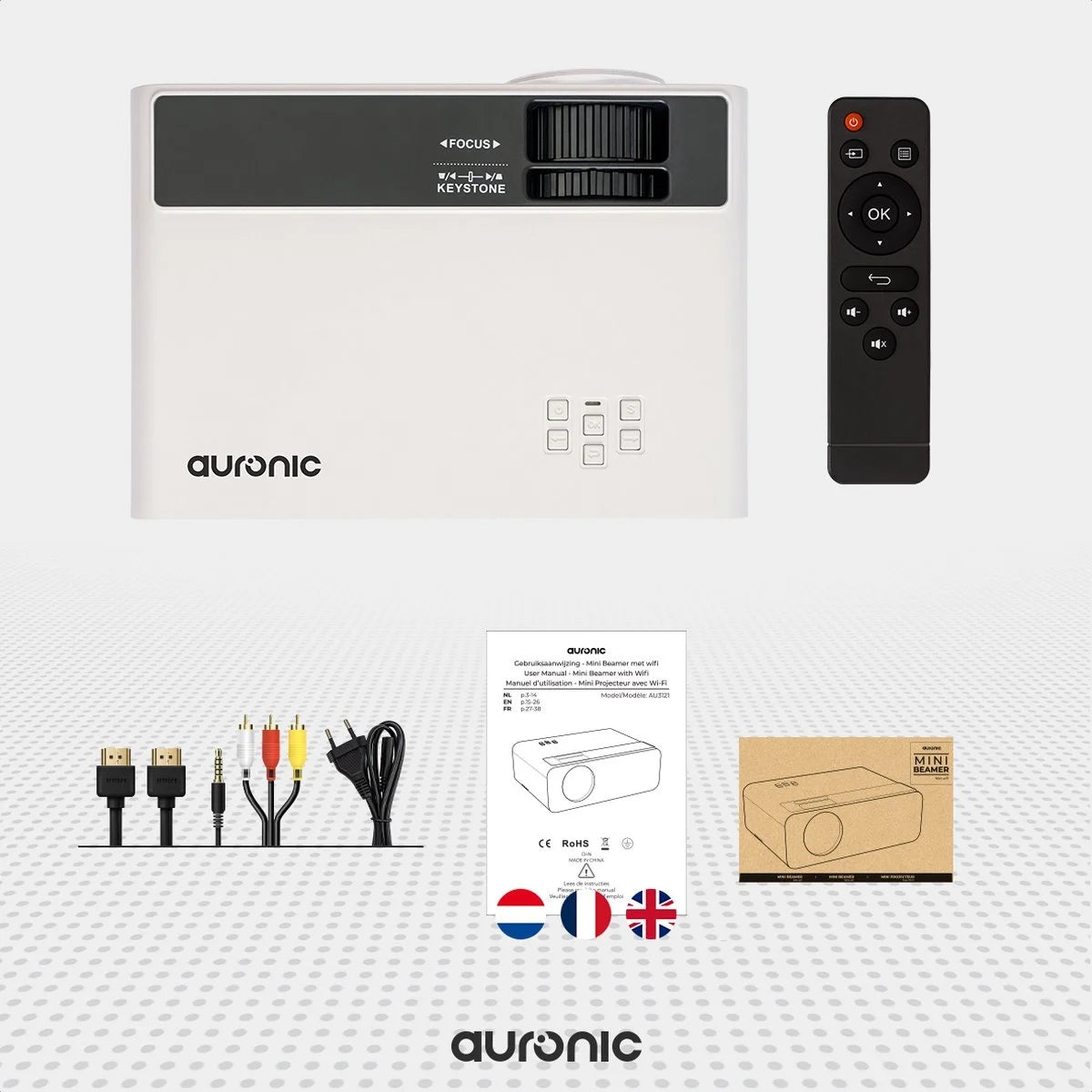 Auronic Mini Beamer - 4500 Lumens - WiFi - Projecteur 200 pouces - HD Ready - Câble HDMI, télécommande et sac de transport - Blanc