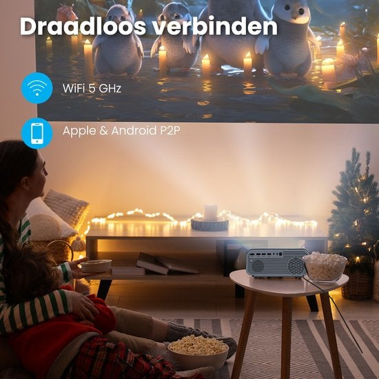 Projecteur 170 pouces - Auronic Beamer - Télécommande et sac de transport - 10 000 Lumens - WiFi - Full HD - Câble HDMI - Blanc