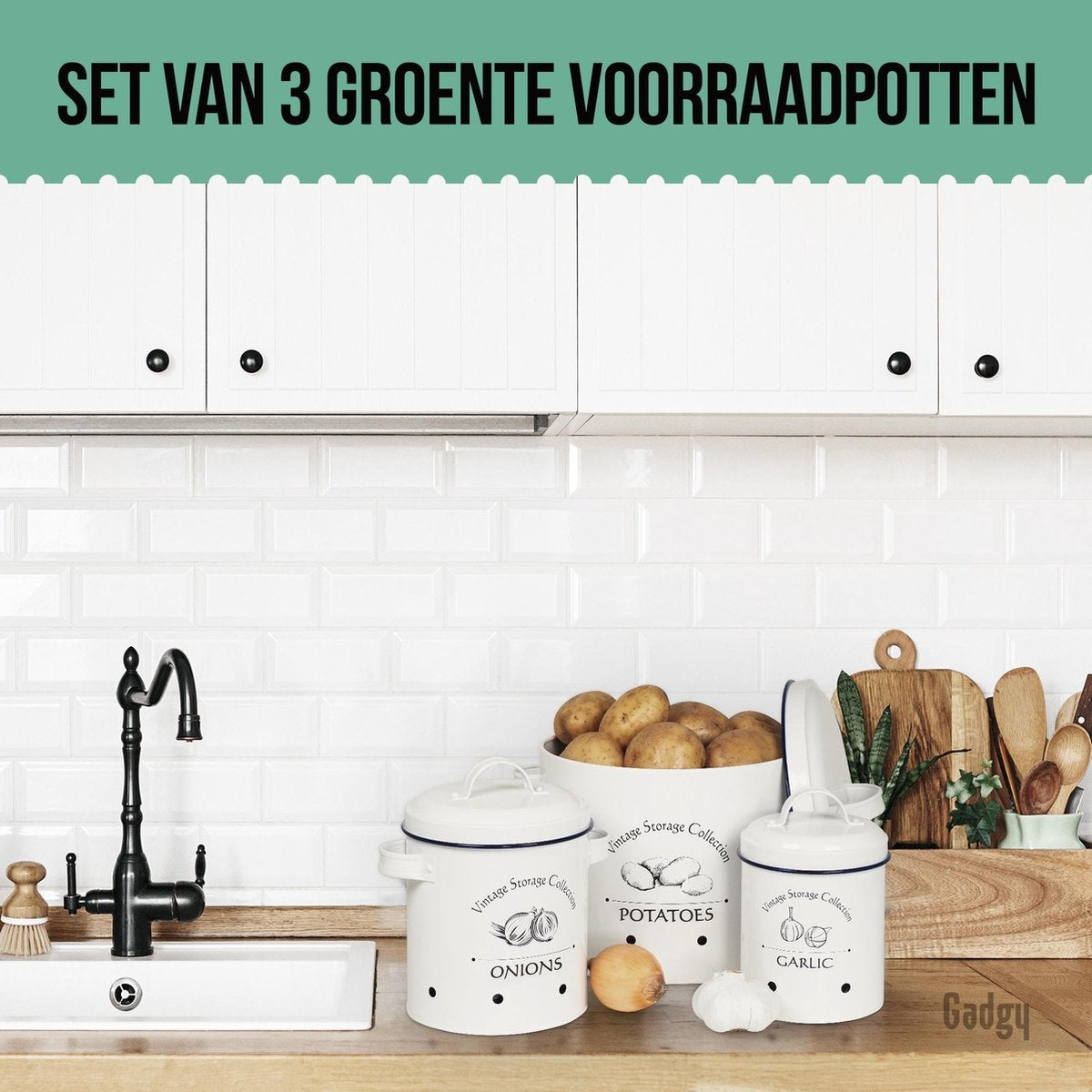 Set de marmites Gadgy : marmite à pommes de terre, marmite à oignons et marmite à ail - 3 marmites avec couvercle - boîte de rangement