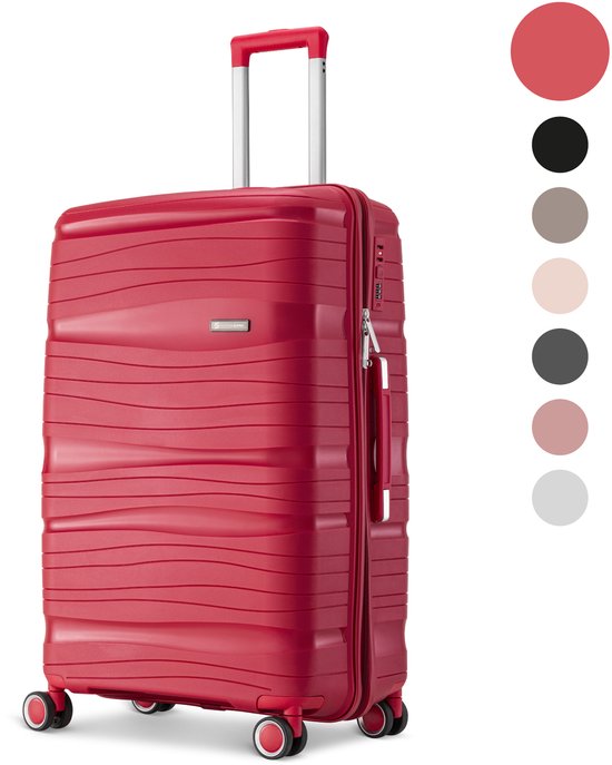 SKYCASES Travelin' Charm - 28-inch Large Travel Suitcase - Number Lock - 41x24x69 cm - 98L - Lightweight, Waterproof & Durable - Rouge