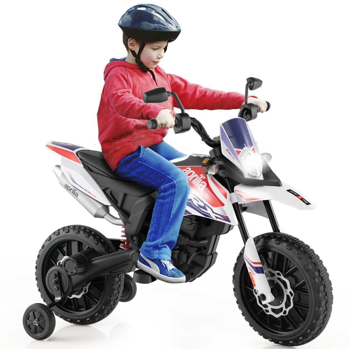 Coast Toy Motorbike for Kids - 2 roues latérales - Fonction musicale - 106.5 x 56 x 80 cm - Bleu/Blanc