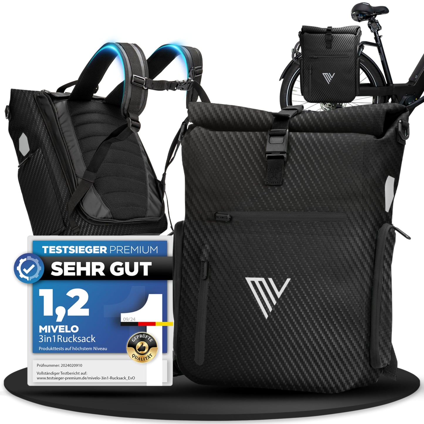 MIVELO EVO 25L – Sac de vélo 3 en 1 pour porte-bagages – sac à dos et sac à bandoulière – 100 % imperméable – Noir carbone