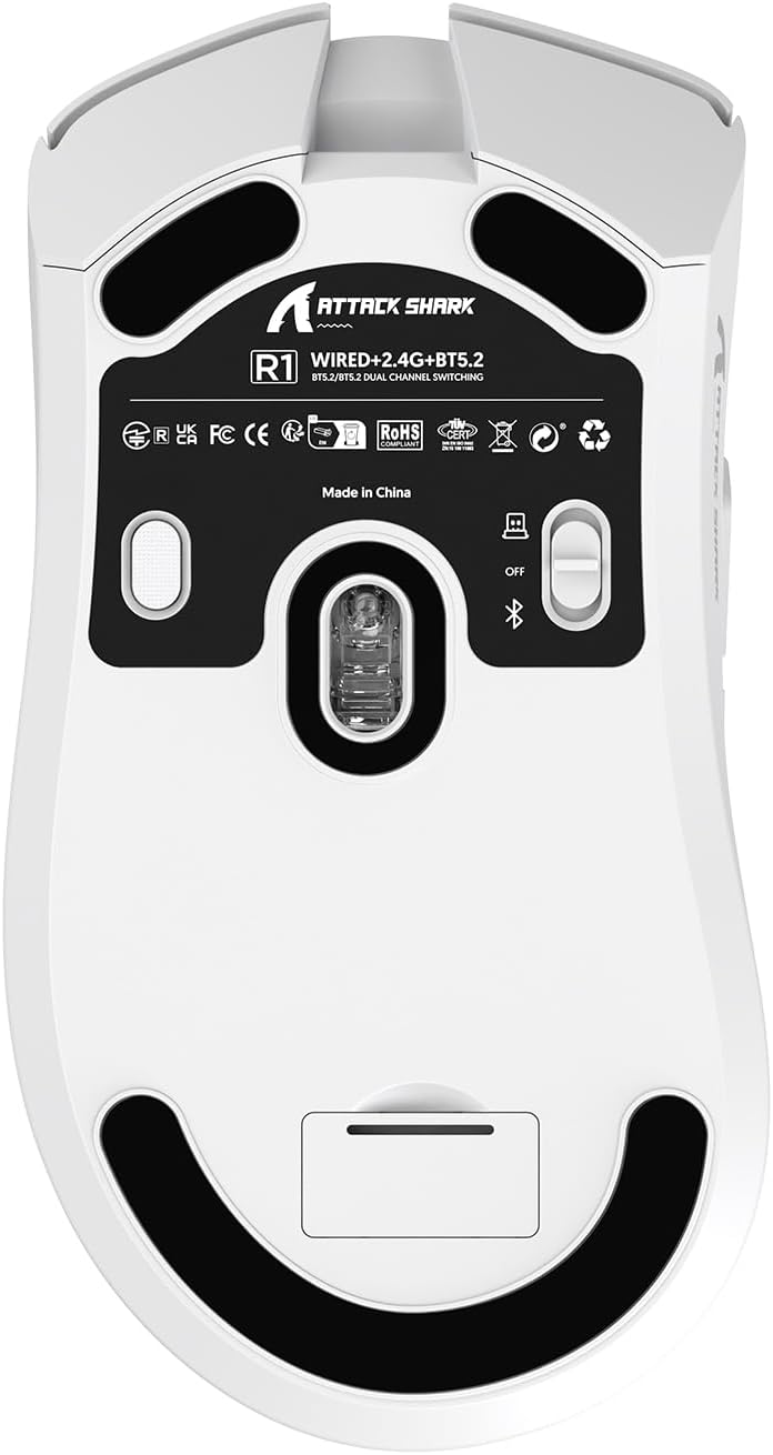 ATTACK SHARK R1 Superlight Gaming Mouse 59g - Blanc - 12.2 × 6.4 × 3.8 cm - Sans fil et filaire - Jusqu'à 18 000 DPI - 65 heures d'autonomie de la batterie