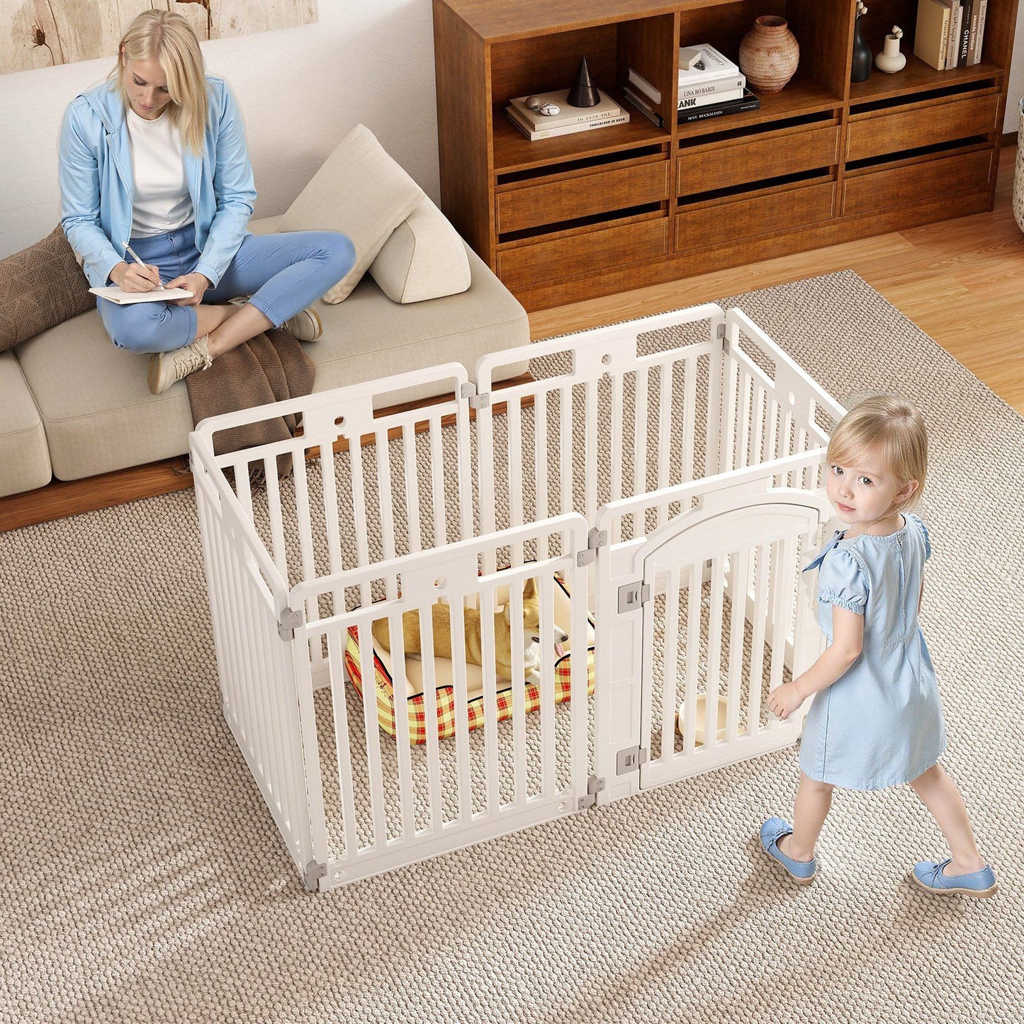 Parc à chiots pliable coast 129 x 65 x 81 cm - blanc - 6 panneaux avec porte verrouillable et enclos au sol