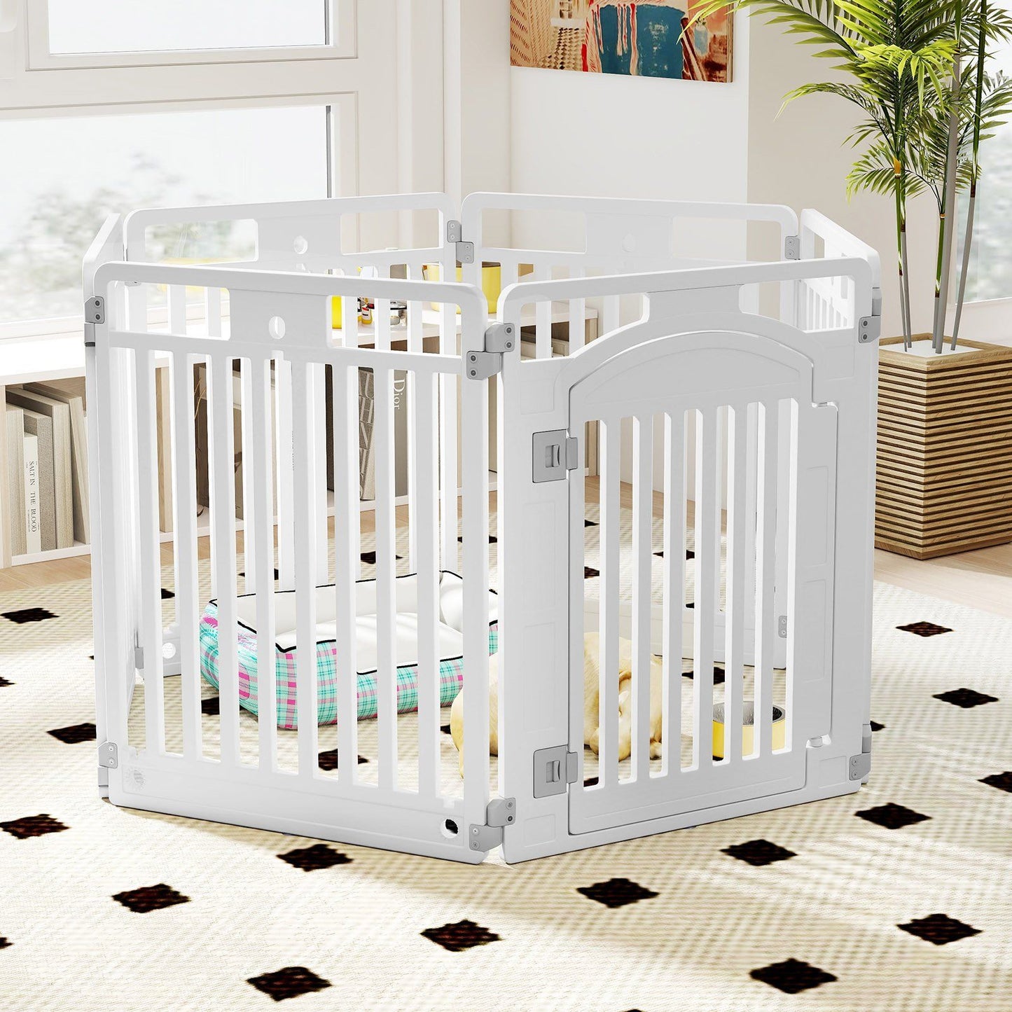 Parc à chiots pliable coast 129 x 65 x 81 cm - blanc - 6 panneaux avec porte verrouillable et enclos au sol