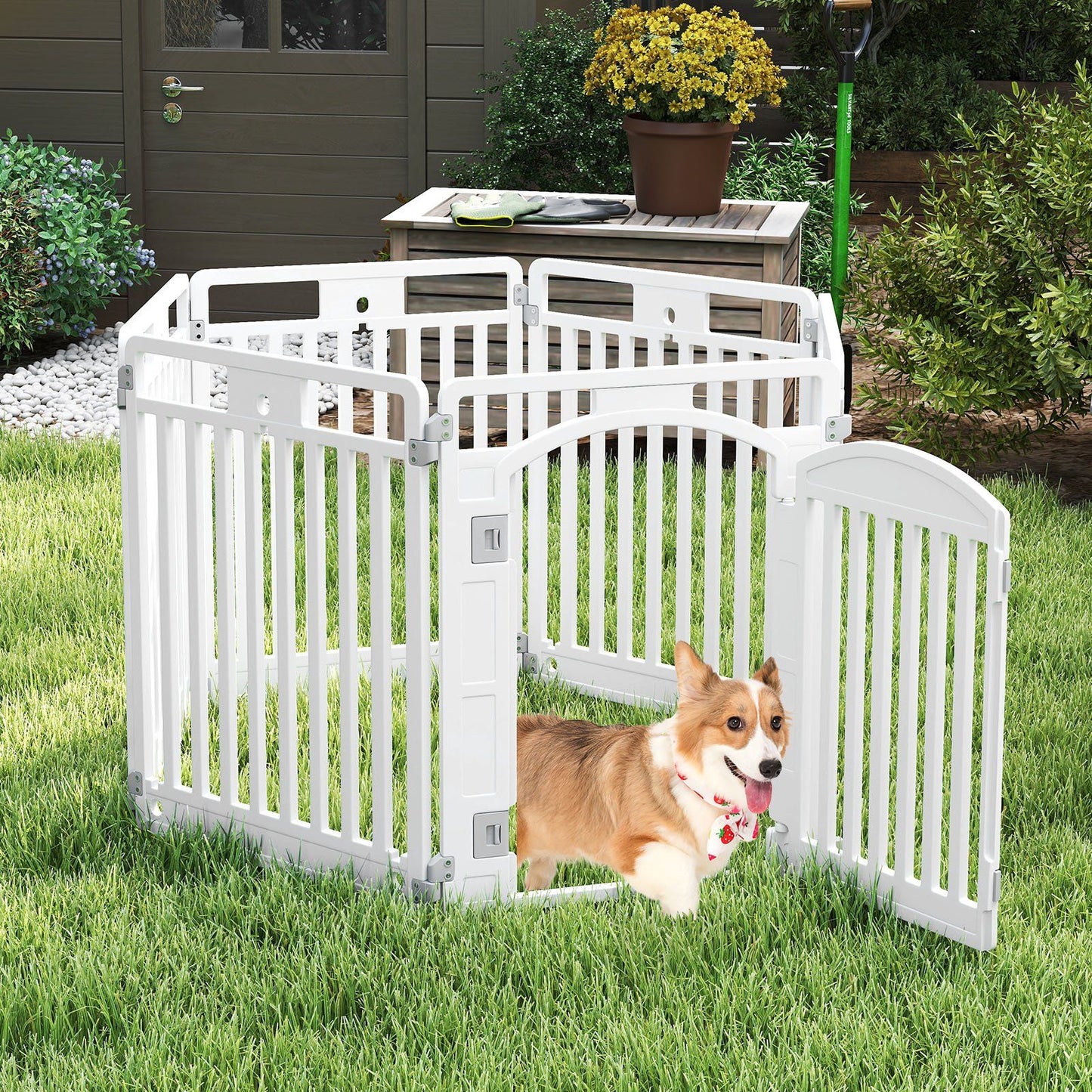 Parc à chiots pliable coast 129 x 65 x 81 cm - blanc - 6 panneaux avec porte verrouillable et enclos au sol