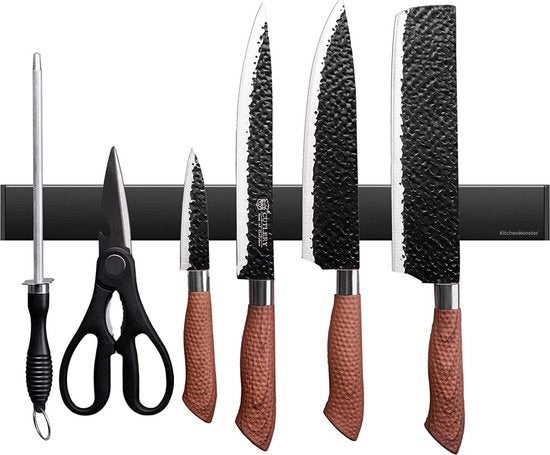 Bloc de couteaux aimanté 40 cm - KitchenMonster® - Porte-couteau magnétique avec bande adhésive (3M) et fixation par vis - Bande magnétique pour couteaux en acier inoxydable - noir