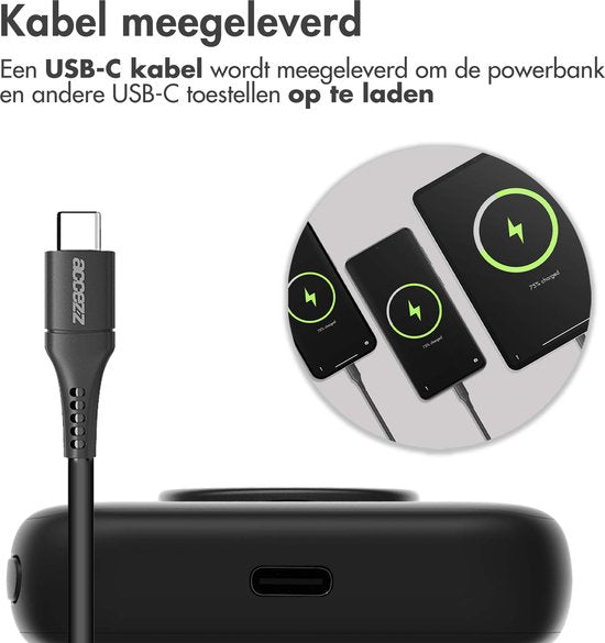 Accezz Powerbank Adapté à Magsafe 5000 mAh - Affichage LED de la batterie - USB C - 18 Watt - Powerbank sans fil Adapté à iPhone 12/13/14/15 - Noir
