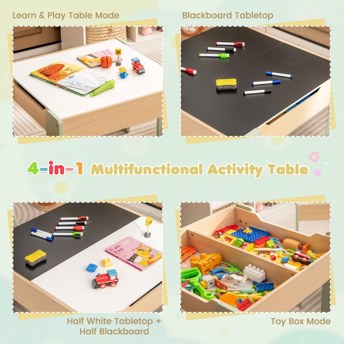Ensemble de salon pour enfants Coast 3 pièces - Table pour enfants 4 en 1 avec 2 chaises et espace de rangement - vert