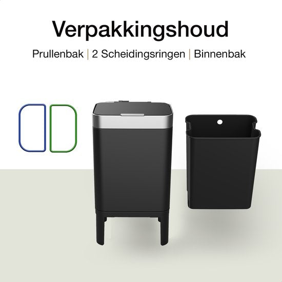 Loftey Trashcan 60 Liter - Push/touch Waste Bin - Duo Waste Bin with inner bin - Trash can 2 compartments - Waste Separation 2x30L - Kitchen - Black/RVS