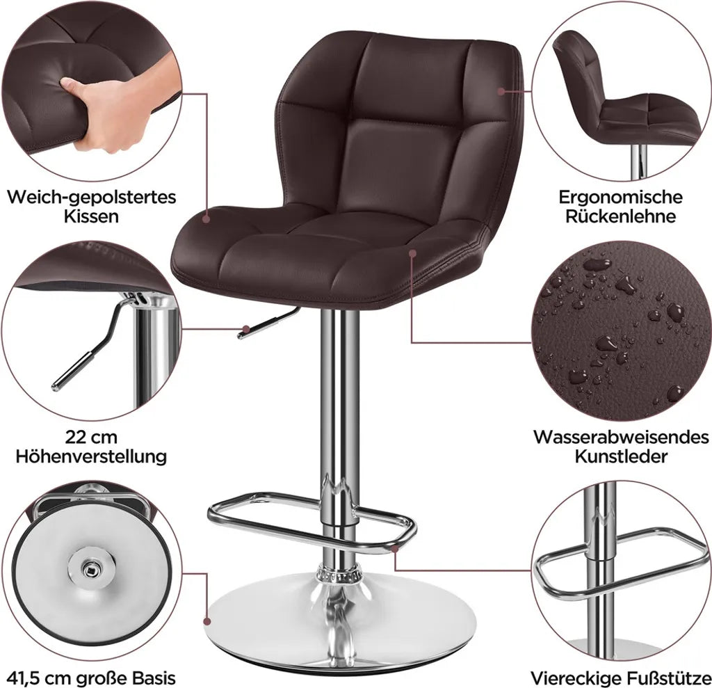 Lot de 2 tabourets de bar Yaheetech - Marron - Tabourets de bar pivotants à 360° et réglables, avec dossier et repose-pieds