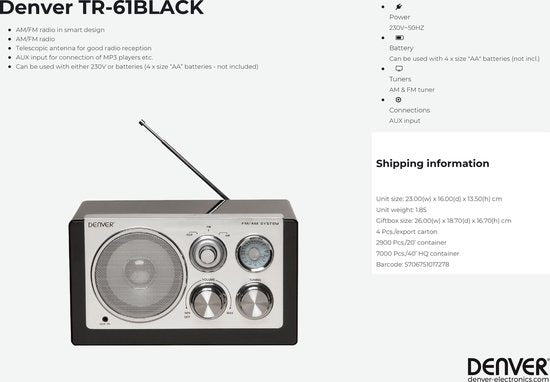 Denver Radio FM portable - Rétro - Fonctionne sur piles ou secteur - Radio de cuisine - AM - FM - TR61 - Noir